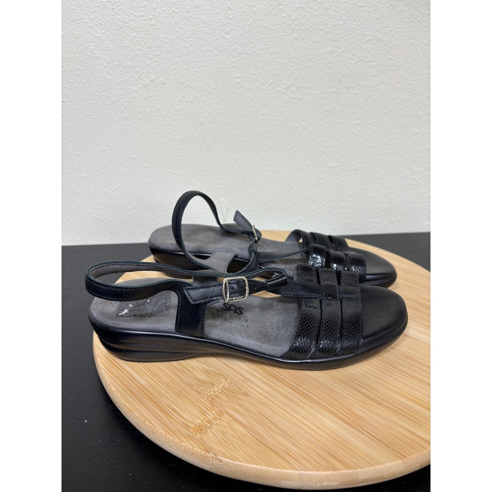 SAS Sandals 8 Tripad Comfort Black Leather Snake Embossed Ankle Strap USA - Picture 2 of 9